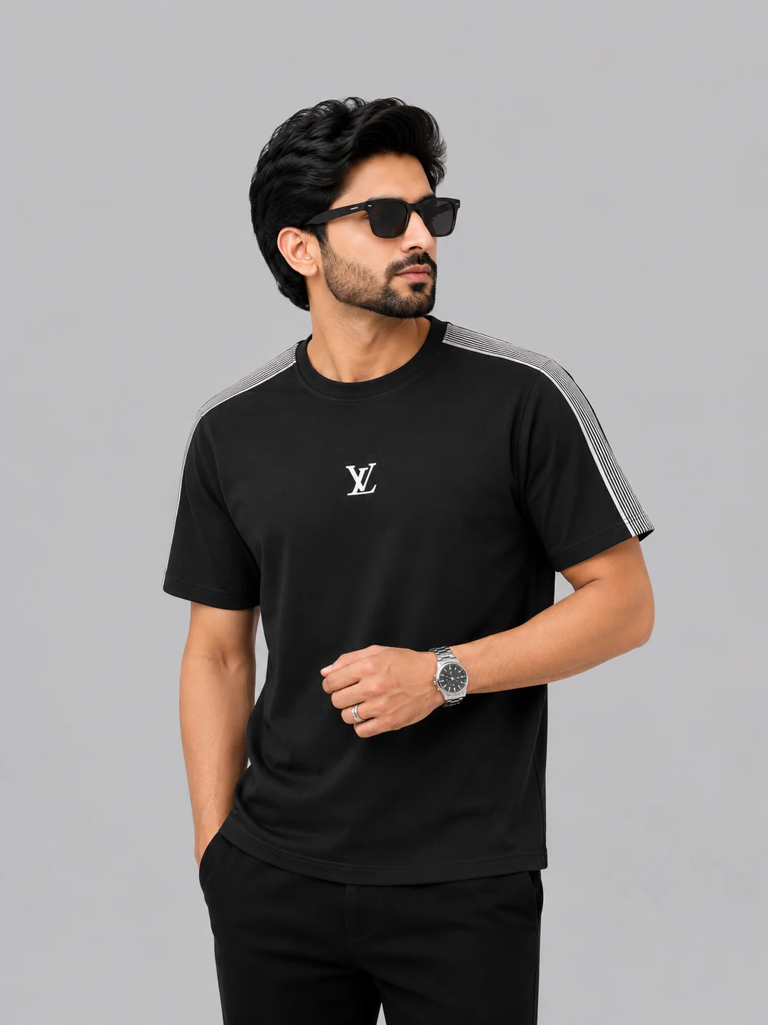 Urban Stripe Black Semi Drop Shoulder T-Shirt