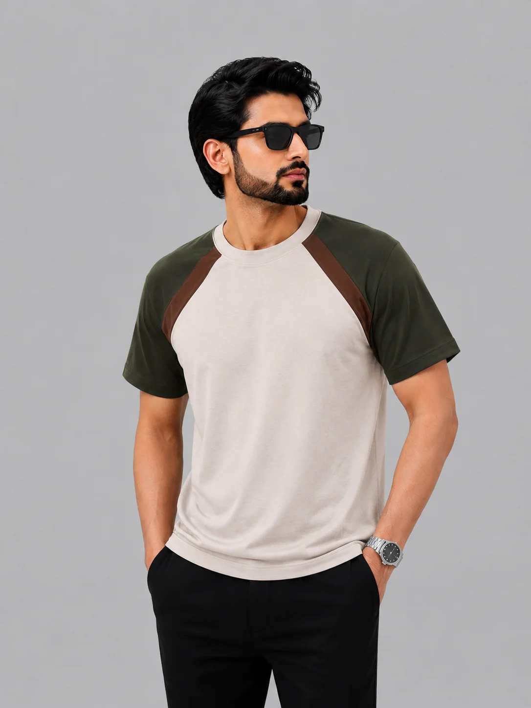Olive Sleeve Raglan Semi Drop Shoulder T-Shirt
