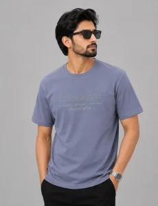 Minimal Blue Printed Semi Drop Shoulder T-Shirt
