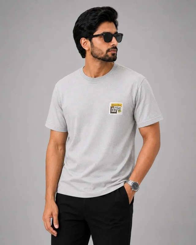 Classic Grey Graphic Patch Semi Drop Shoulder T-Shirt