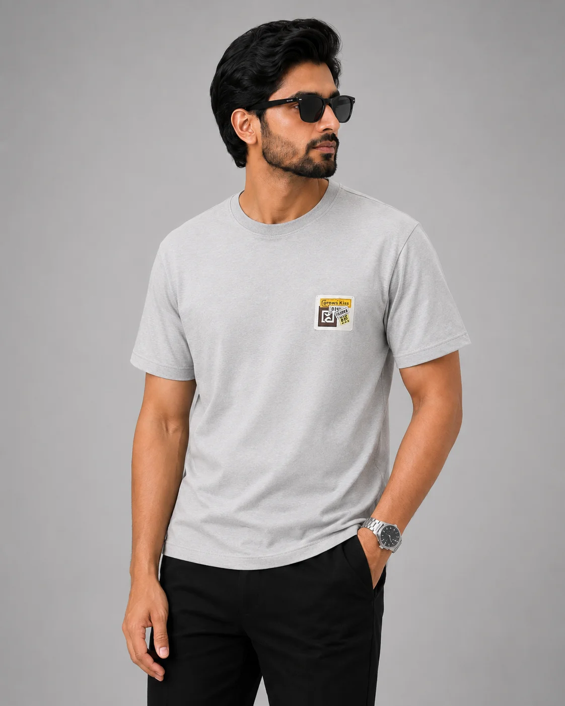 Classic Grey Graphic Patch Semi Drop Shoulder T-Shirt